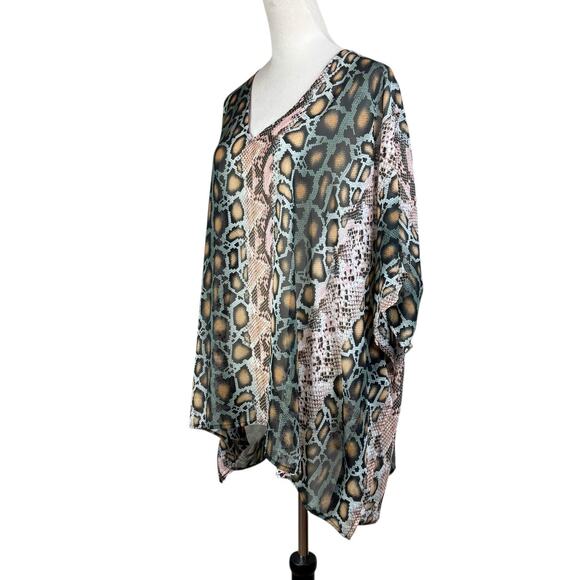 Adrienne Snake Python Print Chiffon Sheer Oversized Poncho Tunic Blouse - Picture 2 of 11